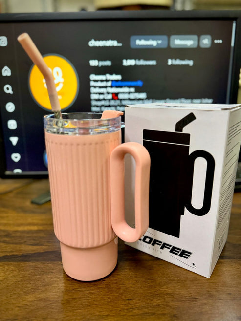 πΈπ₯€ Pink Ribbed Handle Tumbler β 20 oz Insulated Straw Mug πβ¨